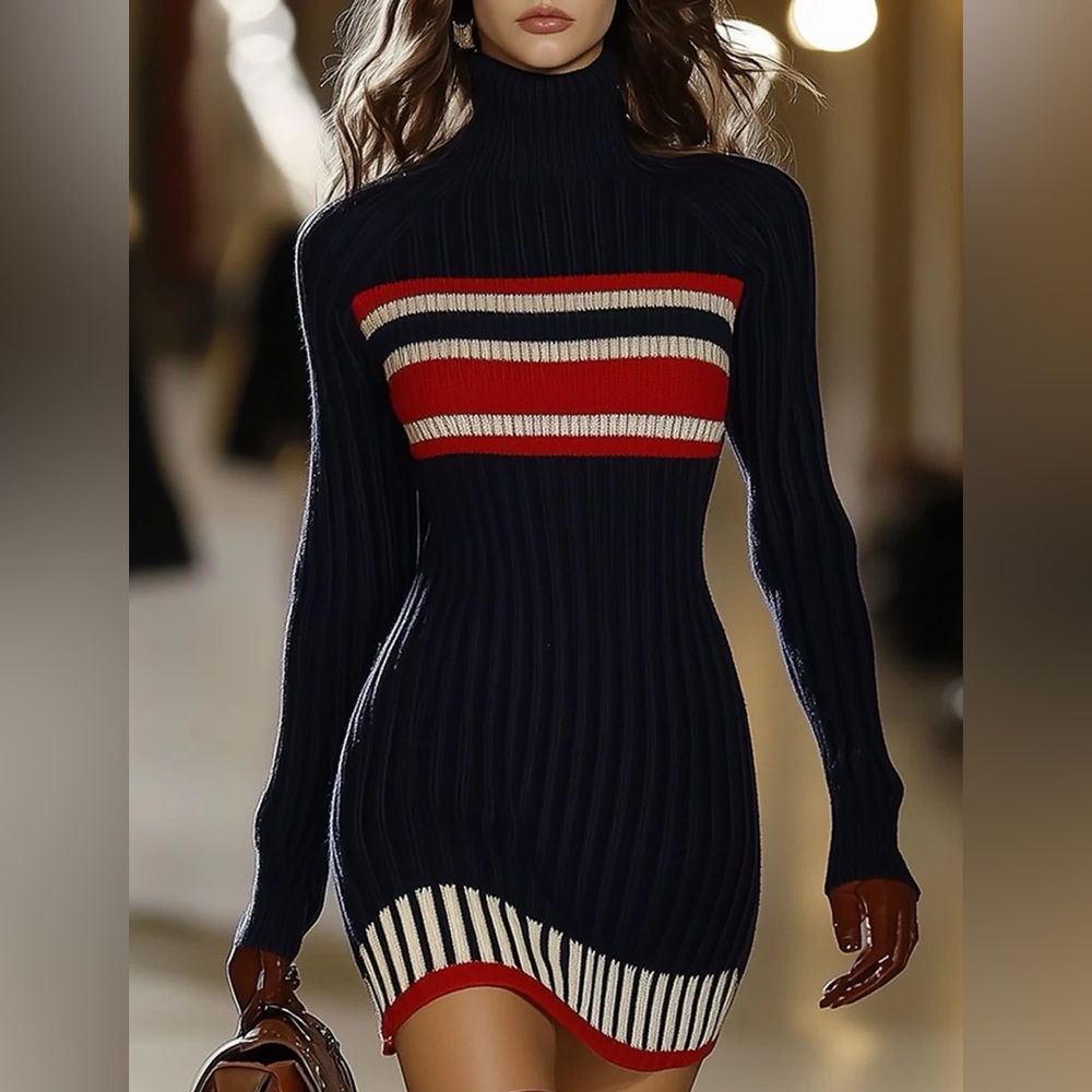Long Sleeve Turtleneck Knit Retro Style Navy and Red Striped Mini Dress NWOT